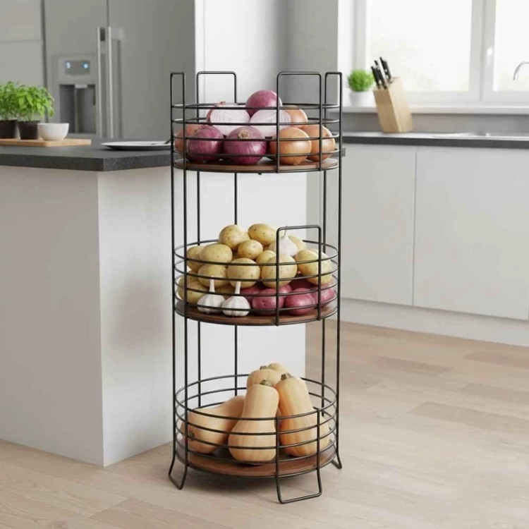 سبد سیب زمینی و پیاز 3 طبقه گرد ضخیم کف چوبی