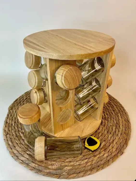 جا ادویه 12 عددی (بدنه چوبی بامبو و بانکههای پیرکس)