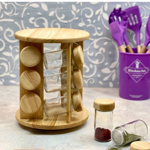 جا ادویه 12 عددی (بدنه چوبی بامبو و بانکههای پیرکس)