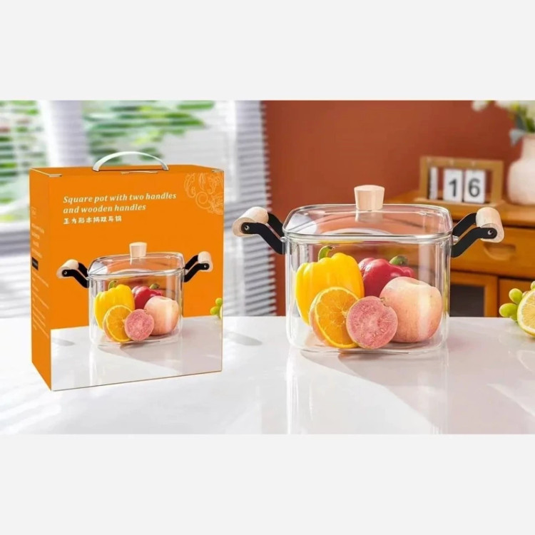 قابلمه پیرکس مربع شعله مستقیم ۴ لیتری دسته بامبو وارداتی اصل اورجینال