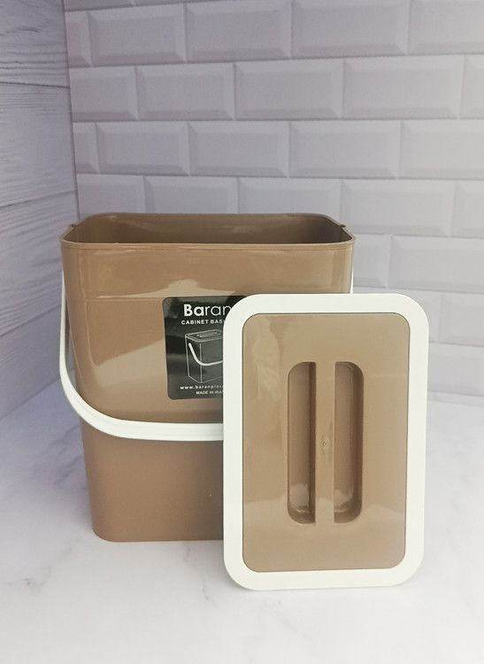 سطل کابینتی برند باران دسته دار درب دار ترکیب رنگ موکا و سفید