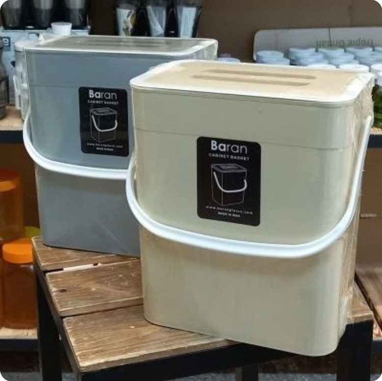 سطل کابینتی برند باران دسته دار درب دار ترکیب رنگ موکا و سفید