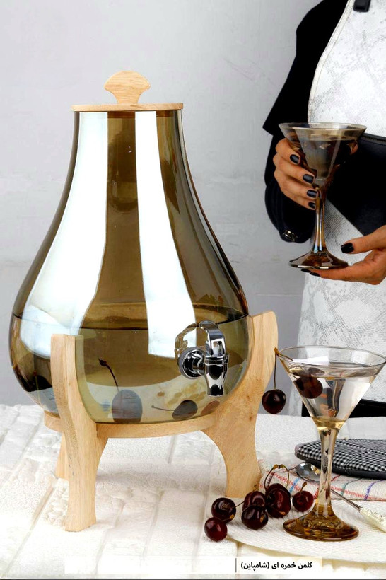 کلمن شیشه ای پایه چوبی مدل خمره ای شامپاین BLWOOD