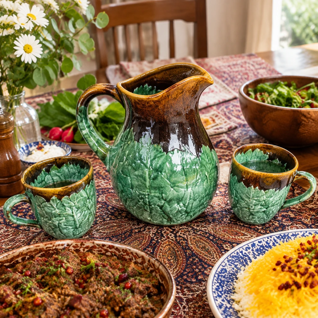پارچ و لیوان سرامیکی با لعاب شره ایی (1 عدد پارچ و 6 عدد لیوان)